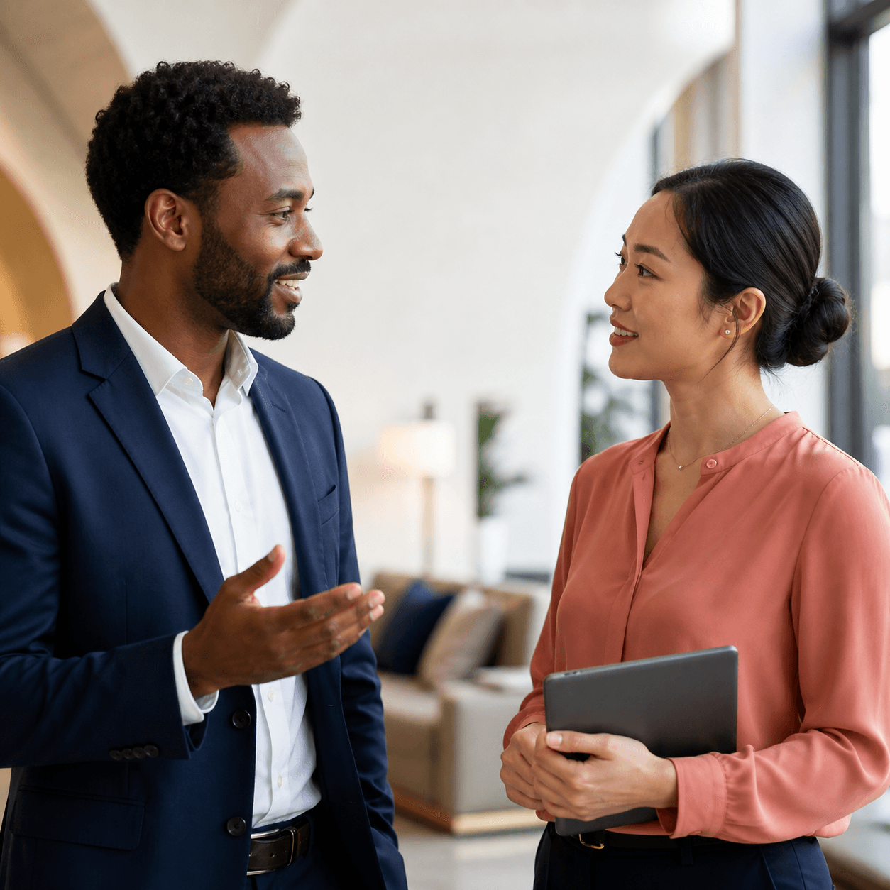Two colleagues having an attentive workplace conversation